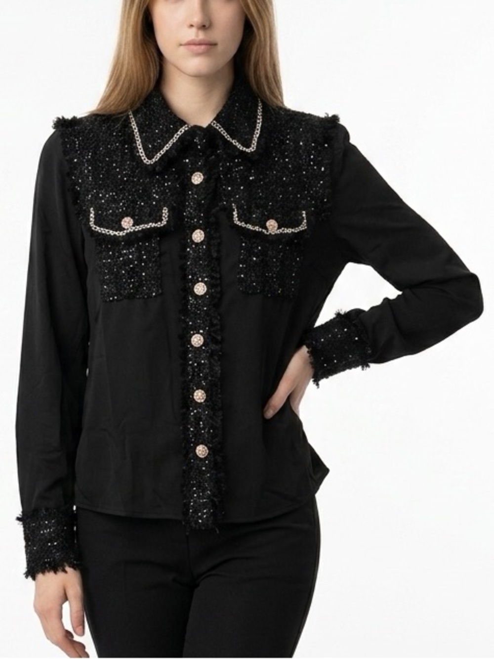 Hanxiner Women's Black Tweed top Blouse poly bottom & Long Sleeve Size S